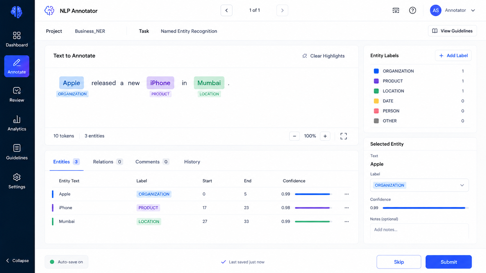 Enterprise NLP interface highlighting organizations, products, locations, dates, and people within text.