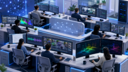 Modern AI data annotation workspace with specialists using multiple monitors for image, text, audio, video, and LiDAR annotation.