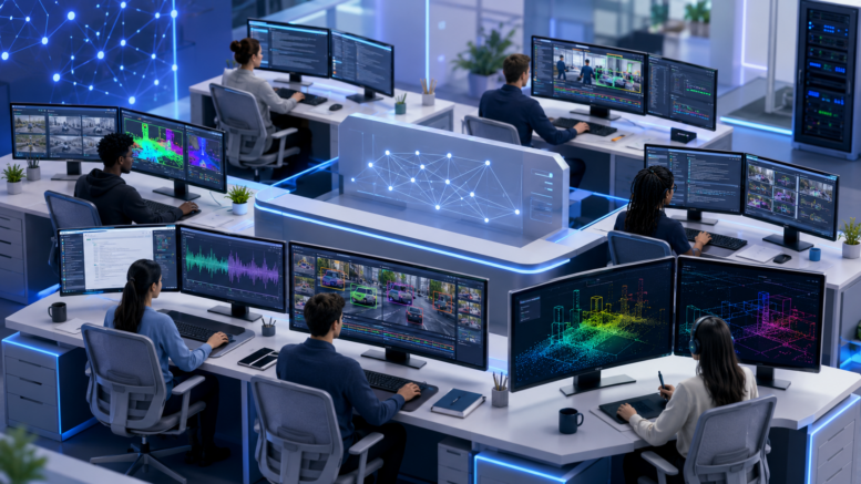 Modern AI data annotation workspace with specialists using multiple monitors for image, text, audio, video, and LiDAR annotation.